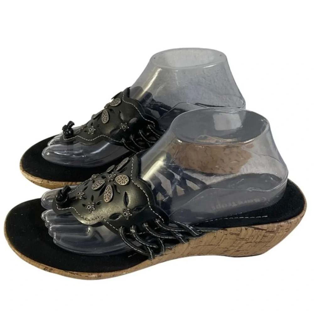 BareTraps Italicize Black Leather Floral Cutout Cork Wedge‎ Sandals Womens 10M